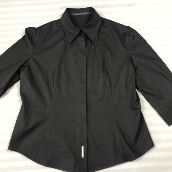 Valentino Jeans Shirt Womens 42 Black 3/4 Sleeve Hidden Placket Tailored Stretch - Picture 1 of 11